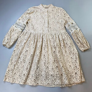 Lace Dress Beige Lined Pearls Button Up GrandmaCore Boho Revival Fairycore